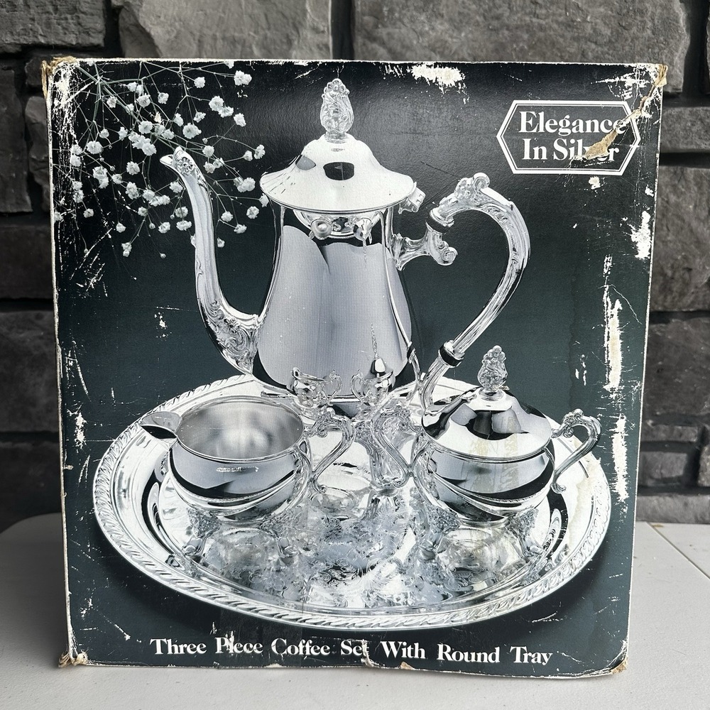 Vintage Elegance in Silver 3 Piece Tea Coffee Set Tray Pot Bowl Cream NEW BNIB